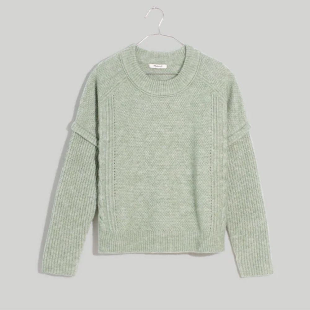 $98 Madewell Cable Havener Pullover Sweater Size Xs Heather Frosted sage Alpaca